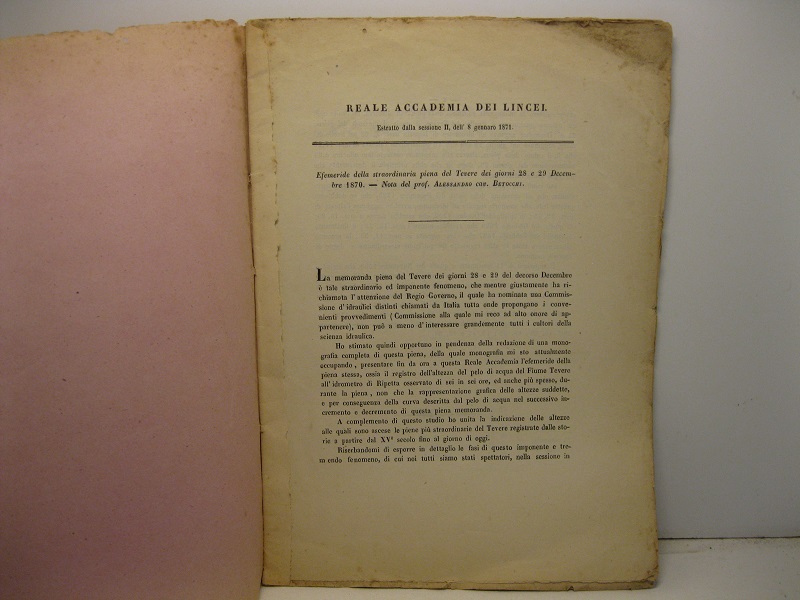 Efemeride della straordinaria piena del Tevere dei giorni 28 e 29 Decembre 1870